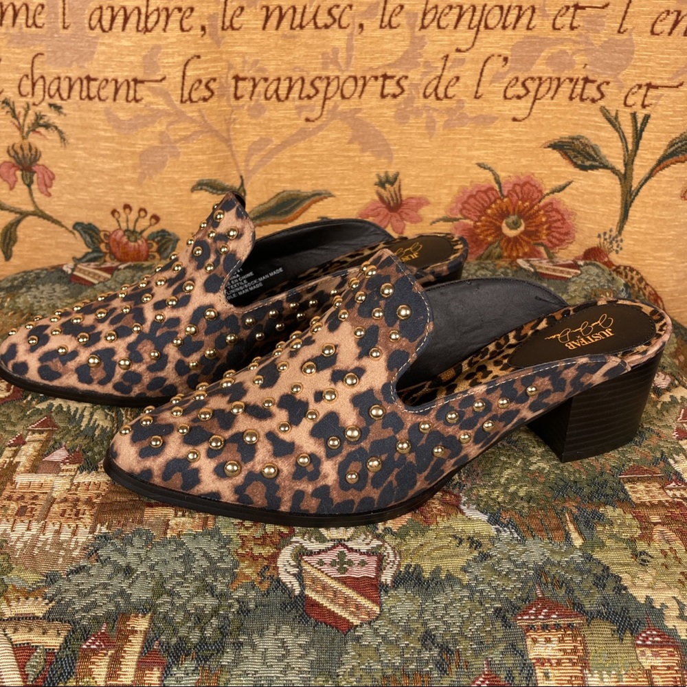 JustFab Leopard Print Studded Mules in Brown and Black